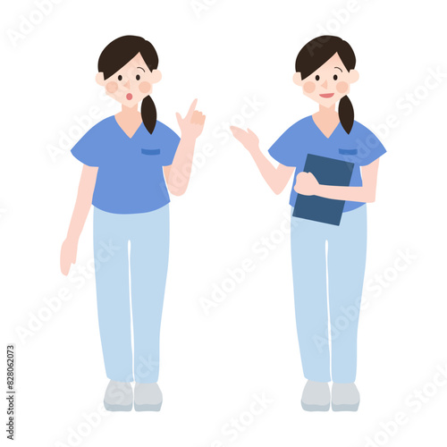 案内する笑顔の看護師女性手描きベクターイラスト