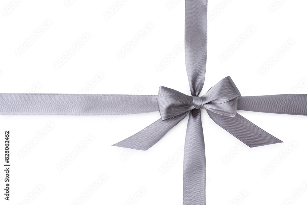 Grey satin ribbon with bow on white background, top view Grey satin ribbon with bow on white background, top view