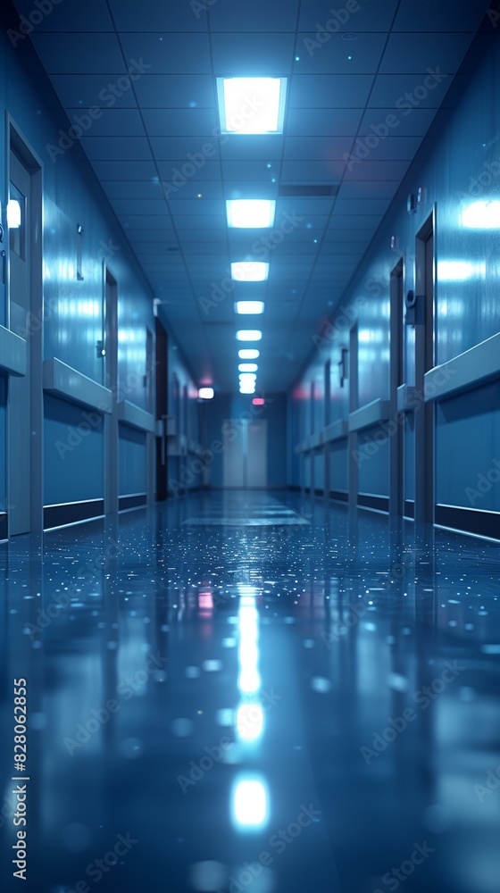 Fototapeta premium A sleek and sterile empty hospital corridor background that is somewhat sad and possibly alarming. 