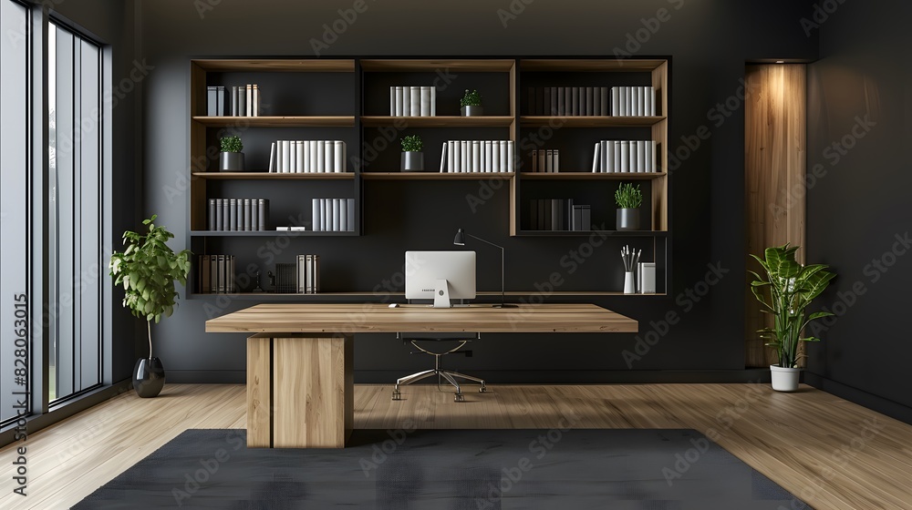 Modern home office interior with desk, bookshelves and black wall background. Minimalist workspace design concept in the style of minimalism.
Modern home office interior with desk, bookshelves and black wall background. Minimalist workspace design concept in the style of minimalism.
