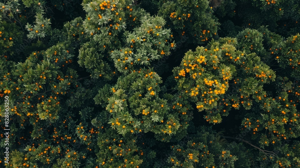 Aerial top view of orange trees in forest. Drone view of dense orange tree captures CO2. Orange tree nature background for carbon neutrality and net zero emissions concept. Sustainable green environme Aerial top view of orange trees in forest. Drone view of dense orange tree captures CO2. Orange tree nature background for carbon neutrality and net zero emissions concept. Sustainable green environme