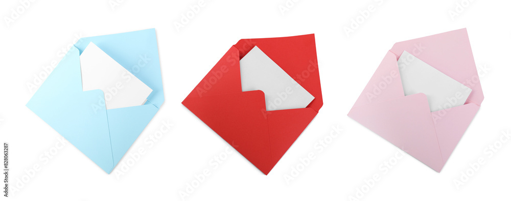 Set of letter envelopes with cards isolated on white, top view Set of letter envelopes with cards isolated on white, top view