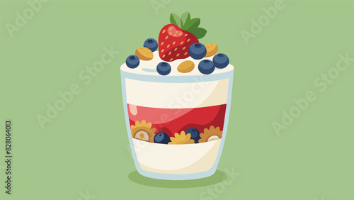 A proteinpacked yogurt parfait with layers of Greek yogurt fresh berries and homemade granola for a tasty and balanced snack option.. Vector illustration