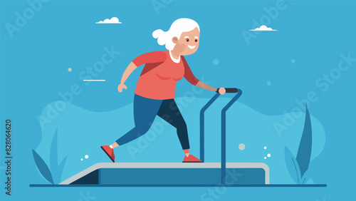 A woman in her 80s confidently walks on an underwater treadmill her face displaying determination and pride in her aquatic fitness abilities.. Vector illustration