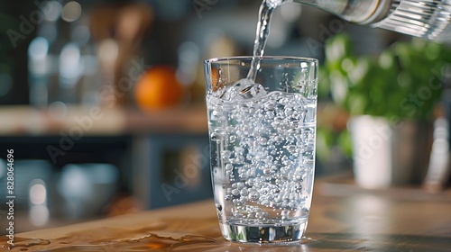 Water being poured into a glass on a kitchen counter, closeup. The water in the cup is sparkling and clear, clean and refreshing.
 photo