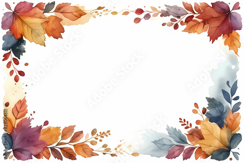 Vibrant watercolor border featuring autumn and Thanksgiving motifs: colorful leaves, pumpkins, and an assortment of seasonal fruits.