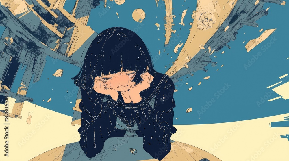 A distraught girl is seated at a circular table tears streaming down her face in a comic style illustration A distraught girl is seated at a circular table tears streaming down her face in a comic style illustration