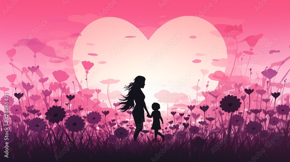 Silhouette of a Mother and Child Walking in a Flower Field at Sunset with a Heart-shaped Sky Silhouette of a Mother and Child Walking in a Flower Field at Sunset with a Heart-shaped Sky