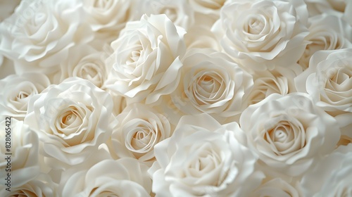 White roses background, white colored roses in the middle of the picture, a white colored rose bouquet, in the style of white color. 