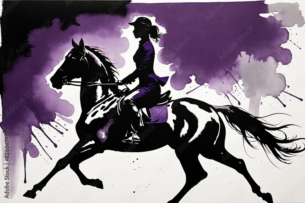 silhouette of a horse and rider, female equestrian watercolor artwork