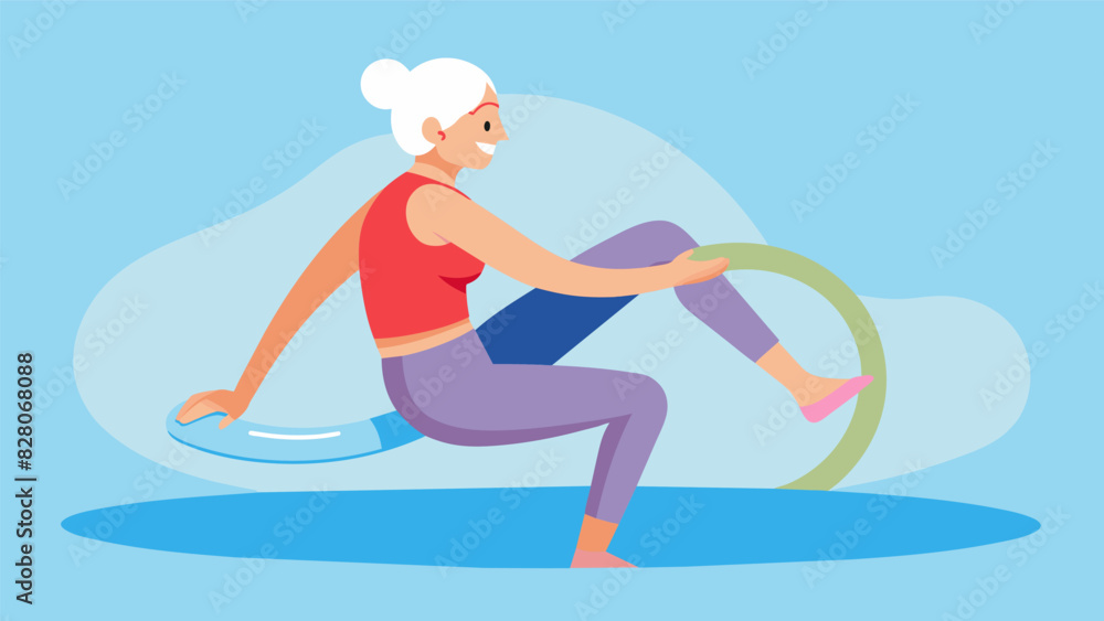 A closeup of a senior participant doing leg exercises with a pool noodle the water providing a cushion for their joints and making movements easier.. Vector illustration