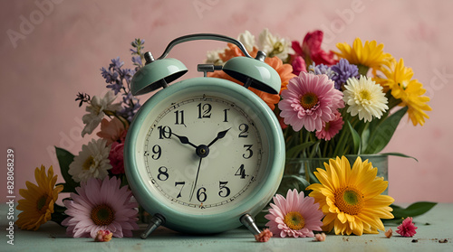 Vintage clock in a bouquet of spring flowers, symbolizing the arrival of spring. Genrative.ai 