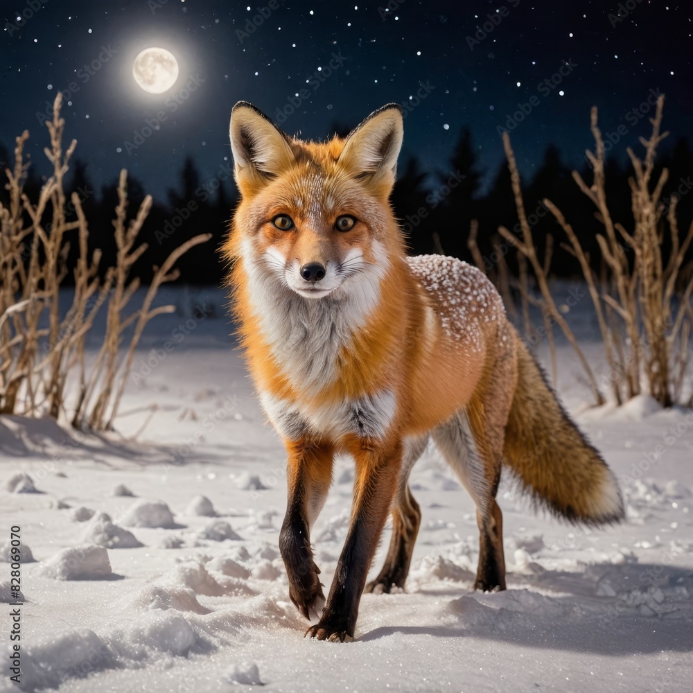 Obraz premium Moonlit Fox Frolicking in Snow: Captivating Winter Night Photography