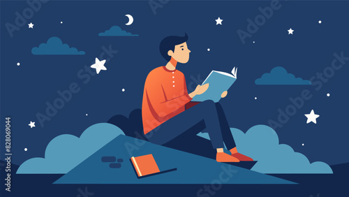A writer sitting crosslegged on a rooftop notebook in hand as they allow the stars to spark new ideas and bring clarity to their writing.. Vector illustration