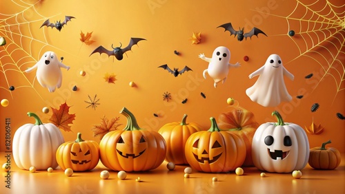 3D. Halloween festival banner background on orange background Ghost Pumpkin, bats, gossamer, spiders, ghost