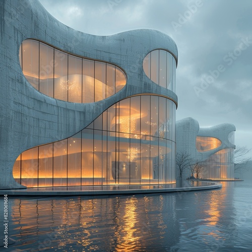 Futuristic building architecture, curvy, durable, transparent, photoguided light, sci-fi future, futuristic building material concept, 3d printed structure photo