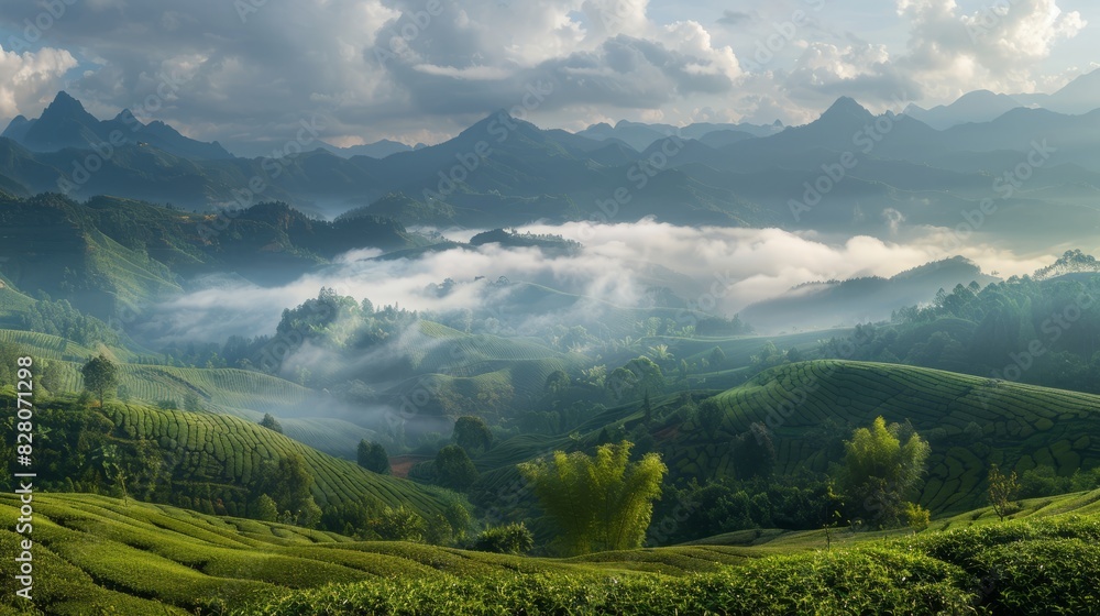 Naklejka premium Landscape photography, spring, Wuyi Mountains, China, tea plantations