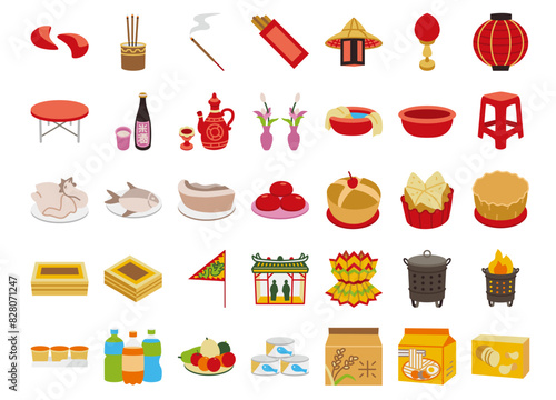 A set of colorful icons for the Chinese Ghost Festival