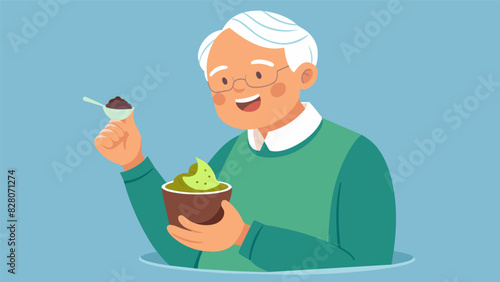 A senior enjoys a luxurious chocolate avocado mousse for dessert sharing how incorporating healthy fats into the diet can be both delicious and beneficial.. Vector illustration