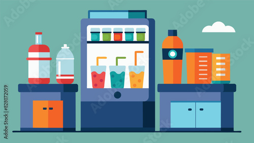 The office snack station doubles as a hydration station providing employees with a range of flad waters sparkling juices and electrolyte drinks to. Vector illustration