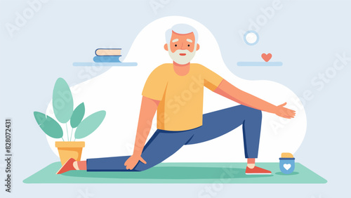 An older man practices a series of gentle stretches and poses guided by a soothing voice on a meditation app as he manages the pain from his sciatica.. Vector illustration