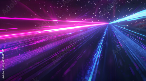 Blue purple light line through dark background, hyper speed warp in space