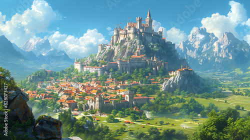 illustration of medieval castle perched atop rocky hill surrounded rolling green fields and bustling villages with knights jousting in tournaments and merchants peddling their wares in the marketplace photo
