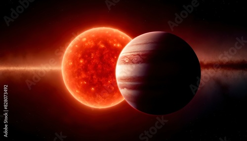 Jupiter-sized exoplanet passing in front of a red dwarf, massive scale contrast, intense detail. photo