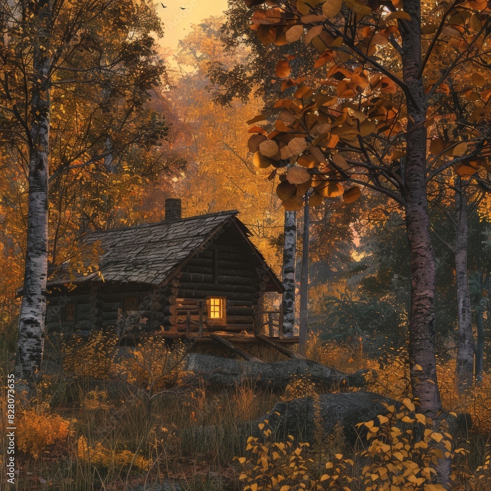 log cabin camouflaged in autumn woods at dusk log cabin camouflaged in autumn woods at dusk
