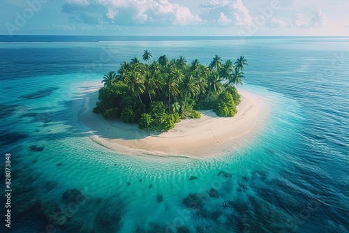 Serene remote island with white sandy beaches and crystalclear turquoise waters, surrounded by lush palm trees and vibrant coral reefs