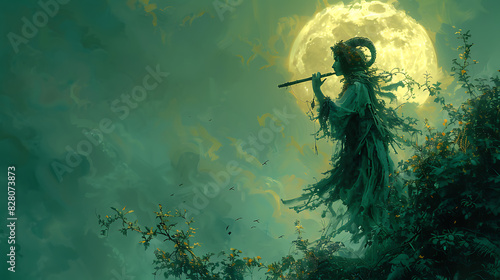 illustration of a mystical creature known as a faun with the body of a human and the legs of a goat playing a haunting melody on a pan flute as it dances through a moonlit forest photo