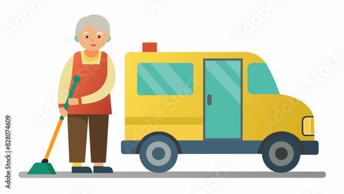 A street sweeper with a lownoise engine and slower speed allowing seniors to feel safe and comfortable while walking on the sidewalk or crossing the street.. Vector illustration