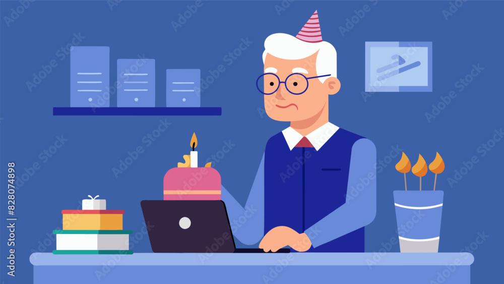 As the office celebrates a birthday an older man blows out the candles on his cake proving that age does not limit productivity.. Vector illustration