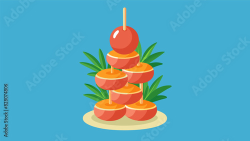 A tiered display of bitesized prosciuttowrapped melon balls skewered with fragrant rosemary sprigs.. Vector illustration