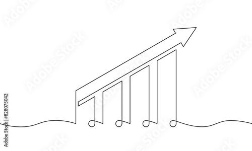 Continous line drawing of increasing up arrows bar chart sign. Illustration vector of graph icon. Single line art of business growth financial. Object one line