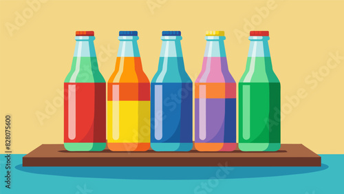 Brightly colored soda bottles are lined up on a table featuring flavors like cream soda root beer and g. The nostalgic glass bottles add to the retro. Vector illustration