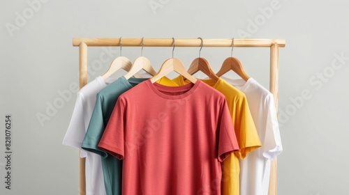 Colorful tshirts hanging on wooden hanger in fashionable display on gray background