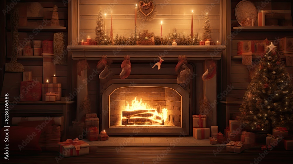 Cozy fireplace with stockings and gifts Cozy fireplace with stockings and gifts