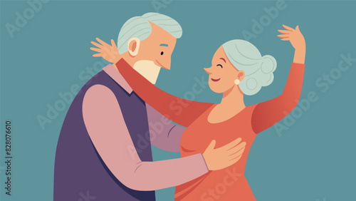 A pair of elders locked in a loving embrace happily swaying to a romantic foxtrot during their dance class.. Vector illustration