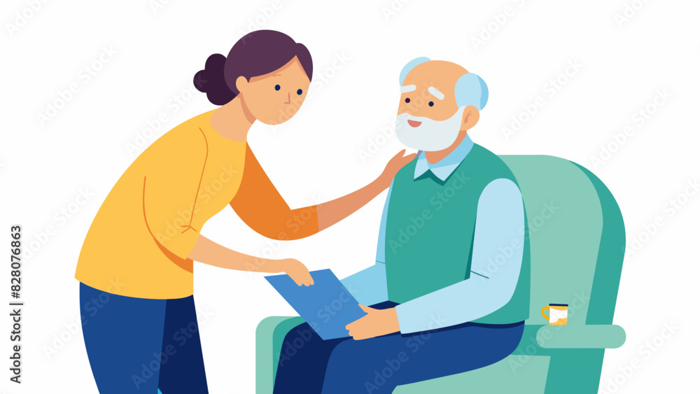 A caregiver practicing active listening skills with an elderly man showing empathy and understanding for his mental health struggles during a training session.. Vector illustration