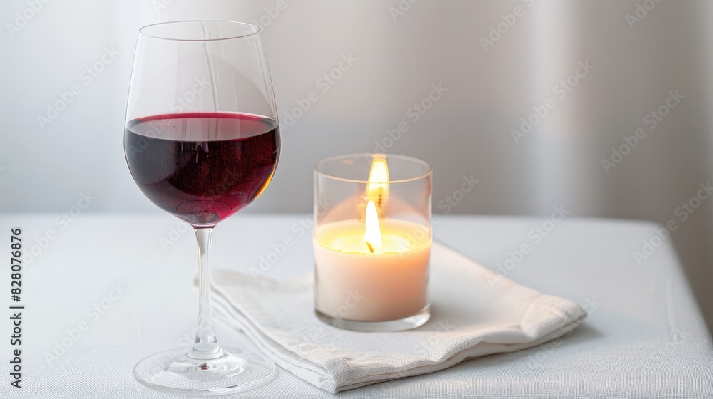 Red wine in a glass placed on a white napkin next to a burning candle on a white backdrop Red wine in a glass placed on a white napkin next to a burning candle on a white backdrop