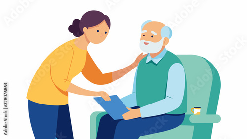 A caregiver practicing active listening skills with an elderly man showing empathy and understanding for his mental health struggles during a training session.. Vector illustration