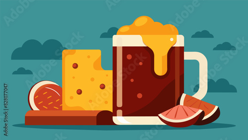 A rich malty amber ale accompanied by a platter of savory beef jerky and sharp cheddar cheese.. Vector illustration