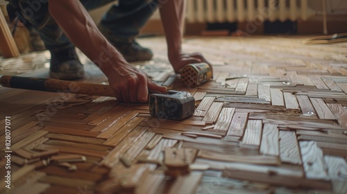 Low angle view of hands laying parquet flooring on the floor with a hammer and grid, real photo. The flooring is being installed