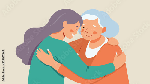 An elderly woman receiving a gentle hug from a caregiver demonstrating the power of physical touch in providing comfort and support during a mental health first aid training.. Vector illustration