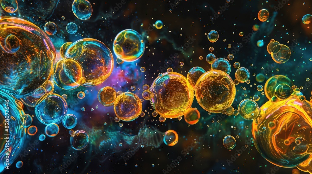 Fluorescent liquid bubbles suspended in black, creating mesmerizing glow backgrounds Fluorescent liquid bubbles suspended in black, creating mesmerizing glow backgrounds