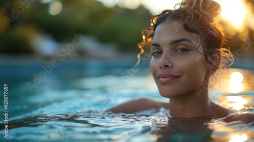 A beautiful woman with curly hair and a brown skin is smiling in a swimming pool. AIG51A.
