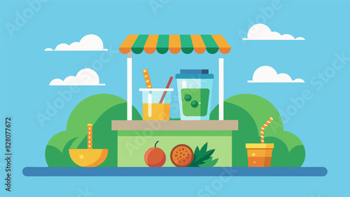 An ecofriendly stand using biodegradable cups and bamboo straws and selling fruitinfused water and organic energy balls.. Vector illustration