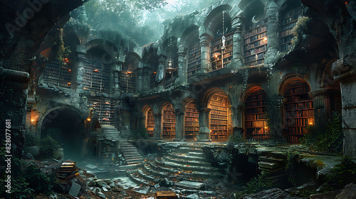 illustration of a mystical library hidden within a labyrinth of ancient ruins containing magical books arcane artifacts and forgotten knowledge waiting to be discovered © Khuram Shehzad