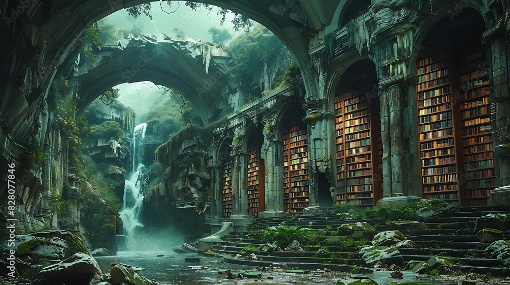 illustration of a mystical library hidden within a labyrinth of ancient ruins containing magical books arcane artifacts and forgotten knowledge waiting to be discovered